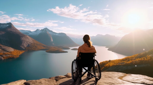 A woman in a wheelchair looks at the lake. Rest on
wheelchair. Hiking in the mountains in a wheelchair. Inclusion. Generative AI