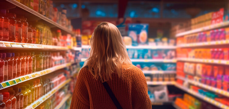 Young woman shopping in a supermarket. Blonde girl deciding what food and products to buy in a store. Shopping girl. Customer in hypermarket. Generative ai.