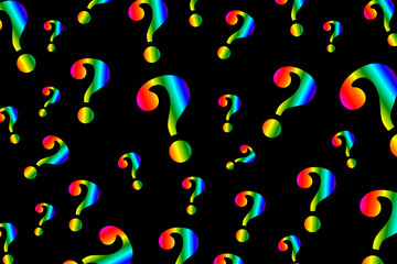 Fototapeta na wymiar Colorful question marks scattered randomly on a black background 
