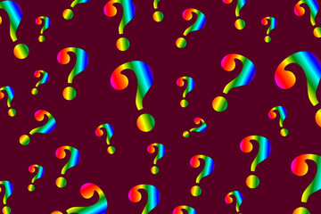 Colorful question marks scattered randomly on a dark red background
