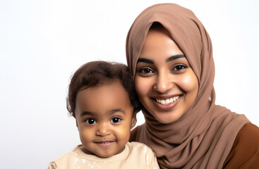 Asian family by mother Muslim wearing a hijab, dressed in a traditional religious cloth with cute child. Mommy little kid isolated on white background studio portrait. Mother's Day love family 