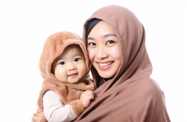 Asian family by mother Muslim wearing a hijab, dressed in a traditional religious cloth with cute child. Mommy little kid isolated on white background studio portrait. Mother's Day love family 