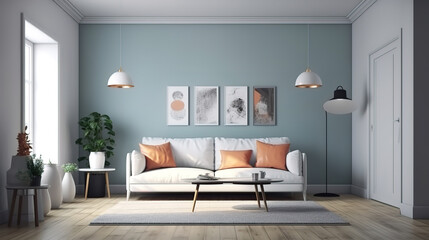 Interior with white sofa and coffee table 3d rendering. Generative Ai