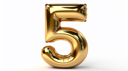 A golden balloon number 5 on a plain white background