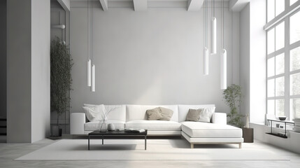 Home living room minimalistic, sunny interior in white colors with sofa. Generative Ai