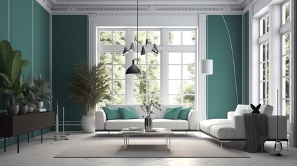 Fototapeta na wymiar Home living room minimalistic, sunny interior in white colors with sofa. Generative Ai
