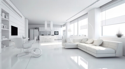 Interior of modern white apartment panorama, Bright color. Generative Ai