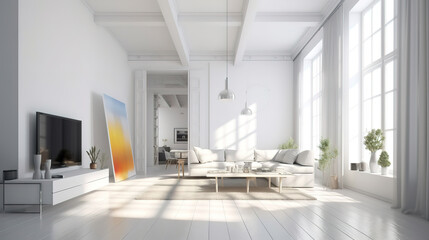 Plakat Interior of modern white apartment panorama 3d render. Generative Ai