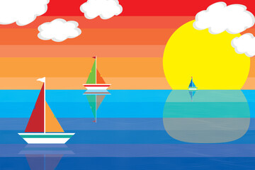 Fototapeta na wymiar Three boat on the sea with big sun and clouds on multicolored background.