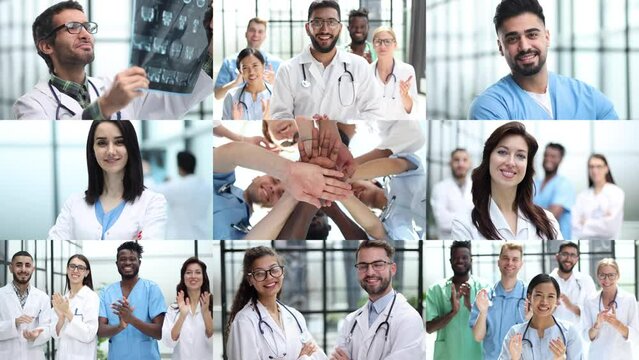 Collection of professional doctors portraits with smiling successful medical workers