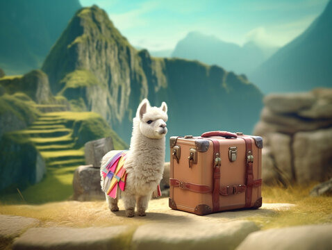 Illustration of cute alpaca on Machu Picchu, top travel destination in Cusco, Peru, lost inca city, agriculture terraces and Wayna Picchu, peak in the background,  AI generated
