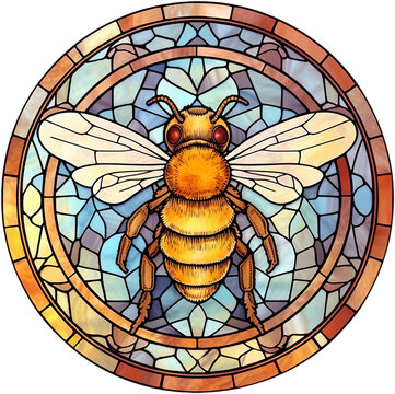 Round stained-glass illustration of a honey bee in a stained-glass/mosaic frame. AI-generated art.