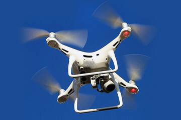 White quadcopter flying in clear blue sky	
