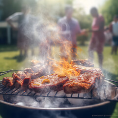 Barbecue in the backyard on a sunny day, roast meat shown close up, smoke and fire, generated ai.