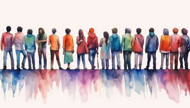 A group of people illustrated in color. (Watercolor style, Generative AI)
