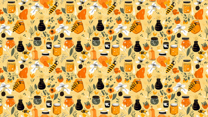Honey with bees background (Generative AI)