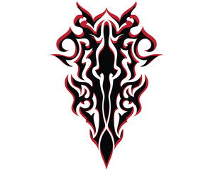 vector design of a tattoo, symbol or engraving in black and white mixed colors with an abstract shape that extends from top to bottom with sharp corners and forms a small circle