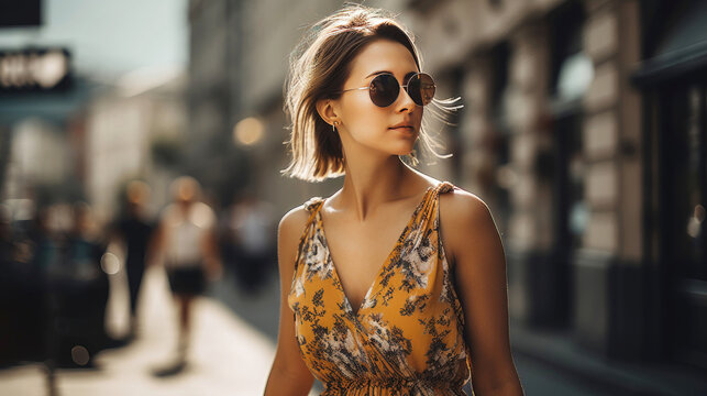 Woman in summer dress walking in a city
