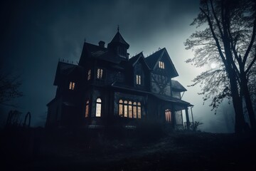 Old abandoned haunted house. Spooky Halloween house. Generative AI