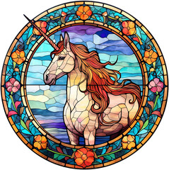 Round stained-glass illustration of a unicorn in a stained glass/mosaic frame. AI-generated art.