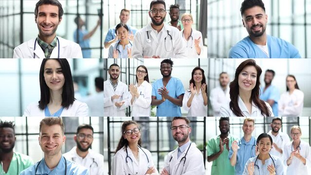 Collage of happy multiethnic doctors in white coats with stethoscopes standing and smiling at camera. Medicine concept