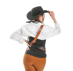 Young cowgirl on white background, back view