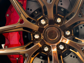 Tyre and alloy wheel. Modern brakes. Car exterior details. Car alloy wheel. New alloy wheel for a car. Alloy rim wheel disc