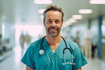 Portrait of smiling doctor with stethoscope in corridor at hospital - obrazy, fototapety, plakaty