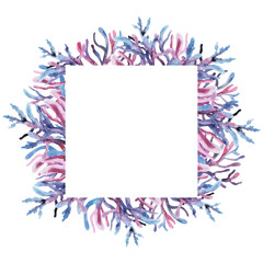 Fototapeta na wymiar Hand drawn square multicolored watercolor sea coral frame. Rectangle frame with blue and purple underwater algae. Illustration isolated on white background. Template for invitation, banner, card