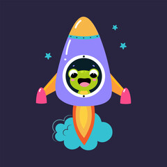 Space Adventure with Frog Astronaut in Rocket Exploring Galaxy Vector Illustration
