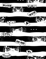 Anime eyes pattern. Look anime girl. Kawaii woman poster. Girlish trendy t shirt design with text wow, cool. Eyes with heart inside. Lettering ornament. Comics speech bubble. © Kseniia Koval