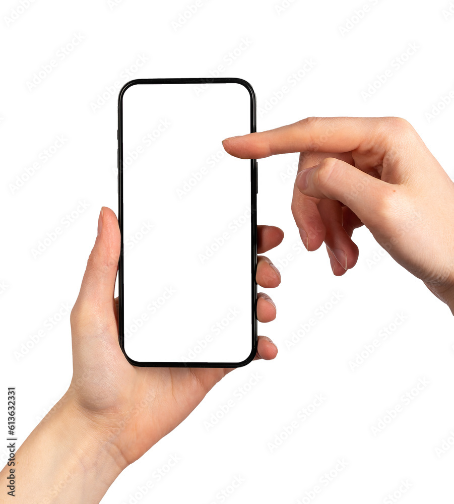 Poster hand holding mobile phone, finger scrolling blank screen mock-up, touching display, isolated on whit