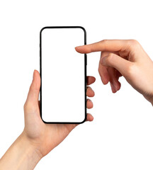 Hand holding mobile phone, finger scrolling blank screen mock-up, touching display, isolated on...