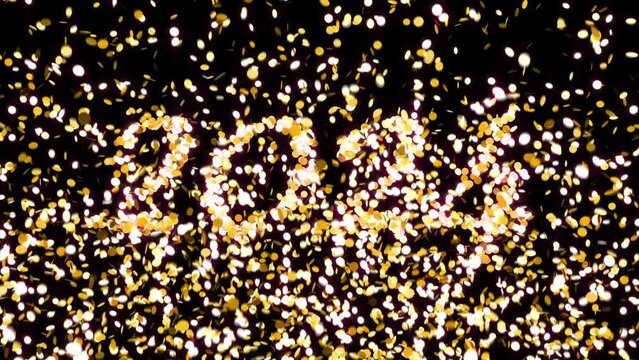 Inflatable numbers 2023 explode and the text 2024 appears from the falling confetti. 4K. 3840x2160. 3D animation.