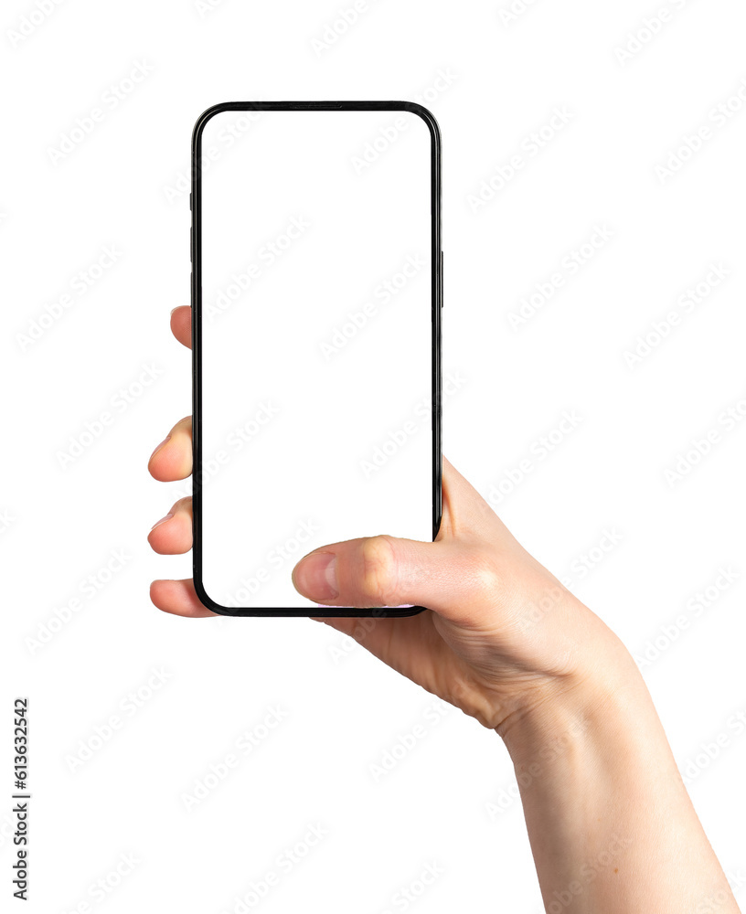 Poster hand holding mobile phone, thumb clicking on blank screen mock-up, tapping ok on display, isolated o