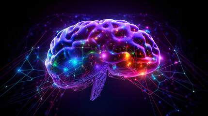 Brain combined or merging with technology, artificial intelligence concept, Colorful neon lights shaped like a brain. Generative AI.