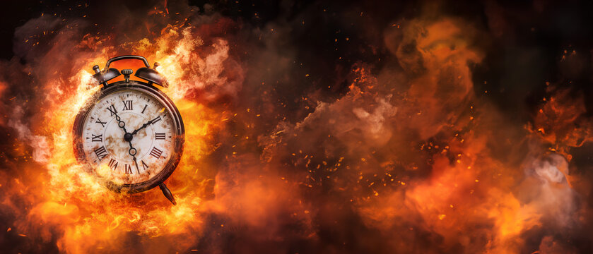 Concept of time. Clock on fire exploding. Watch on fire. Generative AI.