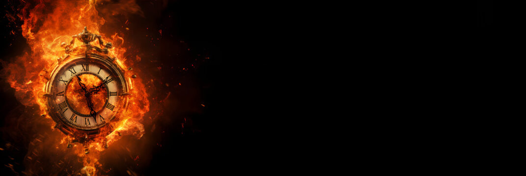 Concept of time. Clock on fire exploding. Watch on fire. Generative AI.