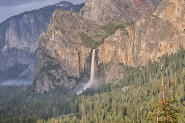 Yosemite Valley National Park's Bridalveil Fall from Afar in the Afternoon on Overcast Day