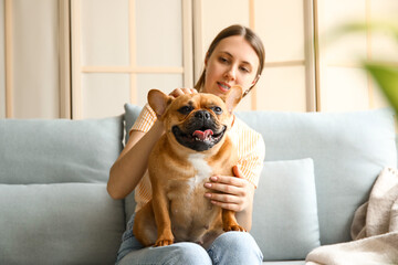 Young woman with cute French bulldog sitting on sofa at home