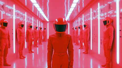 a pink future room with lots of people wearing pink toxic suits - Powered by Adobe