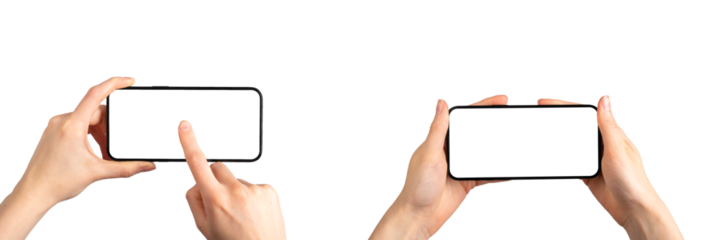 Hands holding mobile phone screen mockups, blank smartphone horizontal displays, isolated on white background