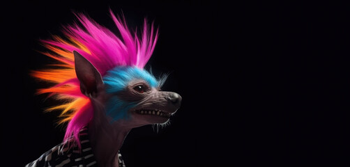 Chinese crested as a punk with bright mohawk. On solid dark background. AI generative