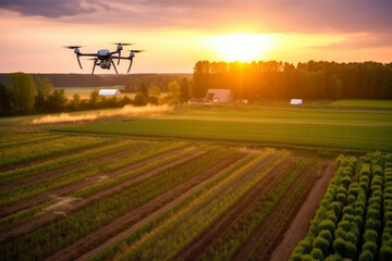 a drone hovering over a farm, showcasing precision agriculture