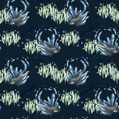 Watercolor seamless pattern with Arctic killer whale and decorative plants water splashes on the white background. Funny kids illustration. Ideal for children's textile, wrapping, and other designs.