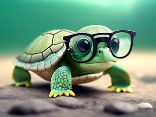 Obraz premium Cute little green turtle with glasses in front of studio background. Generative AI.