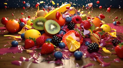 Obraz na płótnie Canvas Fruit salad spilling on the floor was a mess of vibrant colors and textures A professional 3d rendering A professional photography should use a high - quality Generative AI