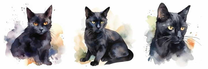 black cat illustration set isolated on white - obrazy, fototapety, plakaty