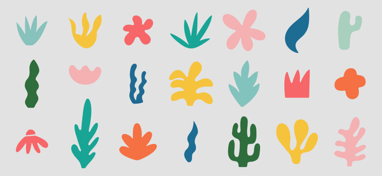 Set of abstract organic shapes inspired by matisse. Plants, cactus, leaf, algae, vase in paper cut collage style. Contemporary aesthetic vector element for logo, decoration, print, cover, wallpaper
