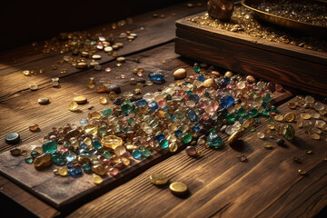 Treasure hunting. Mining for gems. Gold and gems on rough wooden surface.